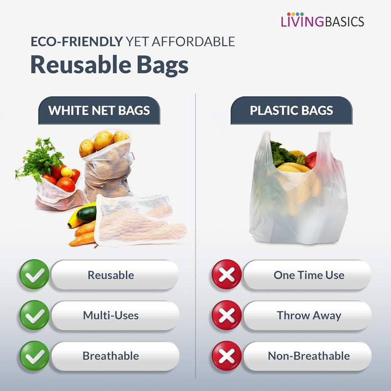 LivingBasics Set of 12 Reusable Fridge Storage Bags for Vegetables Fruits Dual Layer Mesh Net Multipurpose MultiSize Kitchen Storage Bags Organizer with Sturdy Zipper 1 Storage Pouch White - Image 4