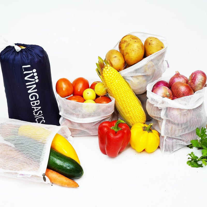LivingBasics Set of 12 Reusable Fridge Storage Bags for Vegetables Fruits Dual Layer Mesh Net Multipurpose MultiSize Kitchen Storage Bags Organizer with Sturdy Zipper 1 Storage Pouch White - Image 1