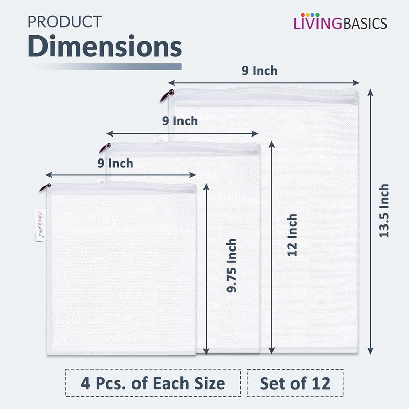 LivingBasics Set of 12 Reusable Fridge Storage Bags for Vegetables Fruits Dual Layer Mesh Net Multipurpose MultiSize Kitchen Storage Bags Organizer with Sturdy Zipper 1 Storage Pouch White - Image 3