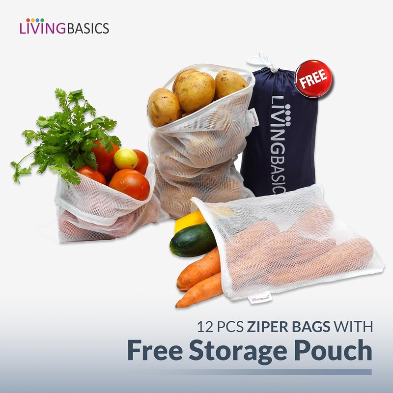 LivingBasics Set of 12 Reusable Fridge Storage Bags for Vegetables Fruits Dual Layer Mesh Net Multipurpose MultiSize Kitchen Storage Bags Organizer with Sturdy Zipper 1 Storage Pouch White - Image 2