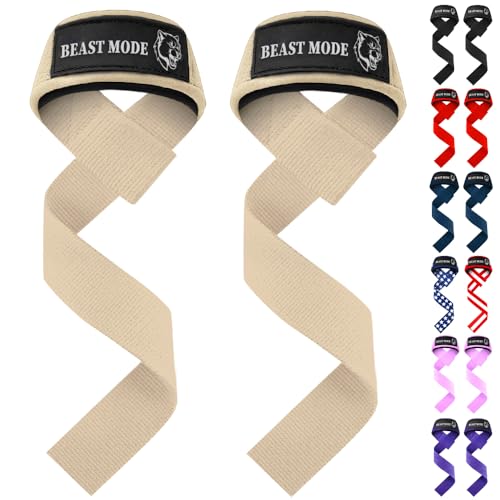 TECEUM Lifting Wrist Straps with Neoprene Padding Support – Beige – Beast Mode – Heavy Duty Wrist Workout Straps For Men and Women – Ideal for Powerlifting, Strength Training, Bodybuilding - Image 1