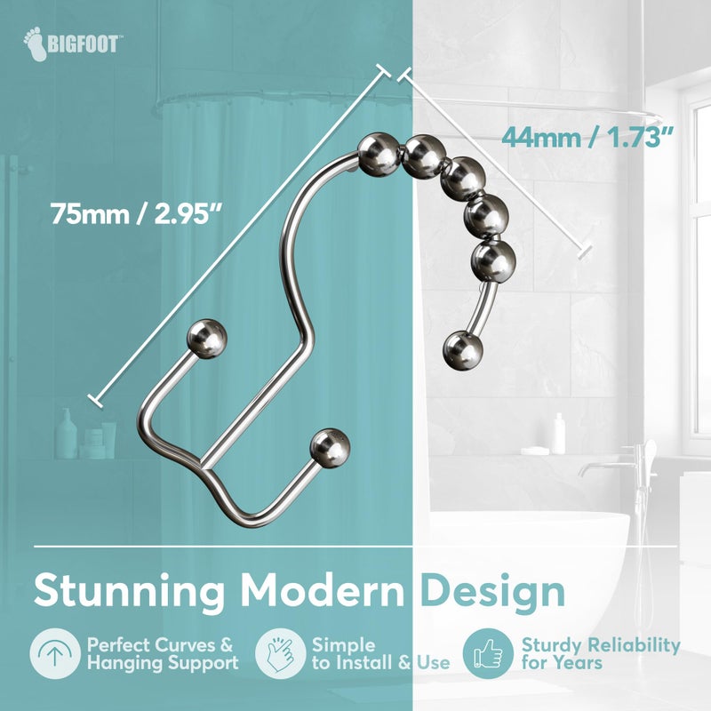 BIG FOOT BigFoot Shower Curtain Hooks, Stainless Steel, Rust Resistant, Easy Installation & Smooth Glide, Fits Standard Shower Rods, 2 Hook Rings Hold Liners & Curtains, 12 Pieces, Nickel Color - Image 3