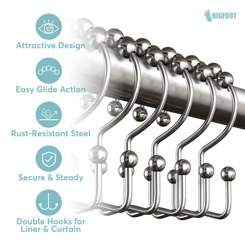 BIG FOOT BigFoot Shower Curtain Hooks, Stainless Steel, Rust Resistant, Easy Installation & Smooth Glide, Fits Standard Shower Rods, 2 Hook Rings Hold Liners & Curtains, 12 Pieces, Nickel Color - Image 4