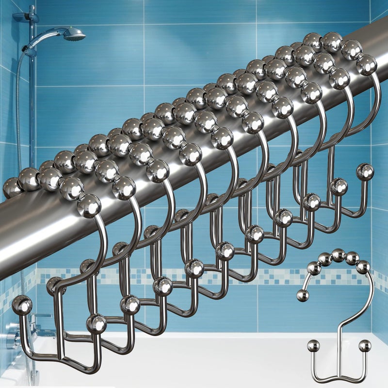 BIG FOOT BigFoot Shower Curtain Hooks, Stainless Steel, Rust Resistant, Easy Installation & Smooth Glide, Fits Standard Shower Rods, 2 Hook Rings Hold Liners & Curtains, 12 Pieces, Nickel Color - Image 1