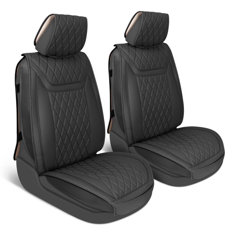 MotorBox Car Seat Covers Ranch Leatherette Faux Leather Black Seat Covers for Car Diamond Stitched Cushioned Seat Protectors for Automotive Accessories Trucks SUV Car Two Front Covers