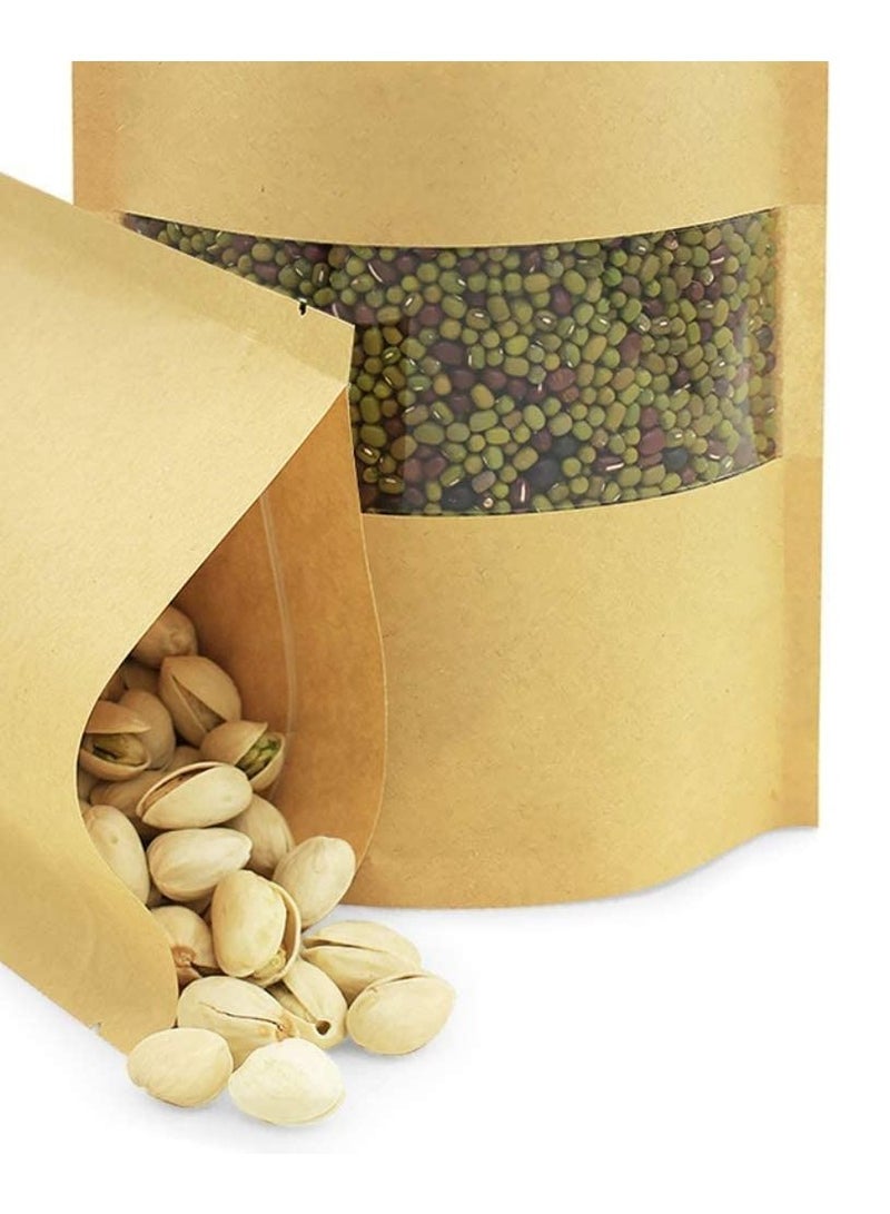 Generic 50 Pcs Self Sealing Sealable Packaging Paper Bags 18*30cm Waterproof Transparent Window Brown Stand Up Zipper Pouches Can Reusable for Food Tea Coffee bags Beans Nuts Seeds Dried Fruits Pouch  - Image 1