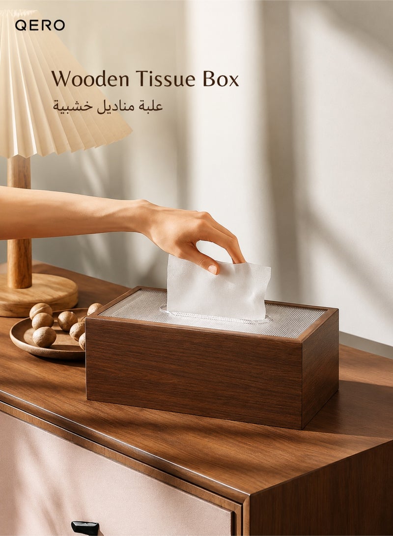 QERO Wood Grain Tissue Box Cover, Rectangular Decorative Tissue Holder with Ribbed Acrylic Top, Facial Tissue Dispenser for Living Room, Bedroom, Office Desk, Brown - Image 1