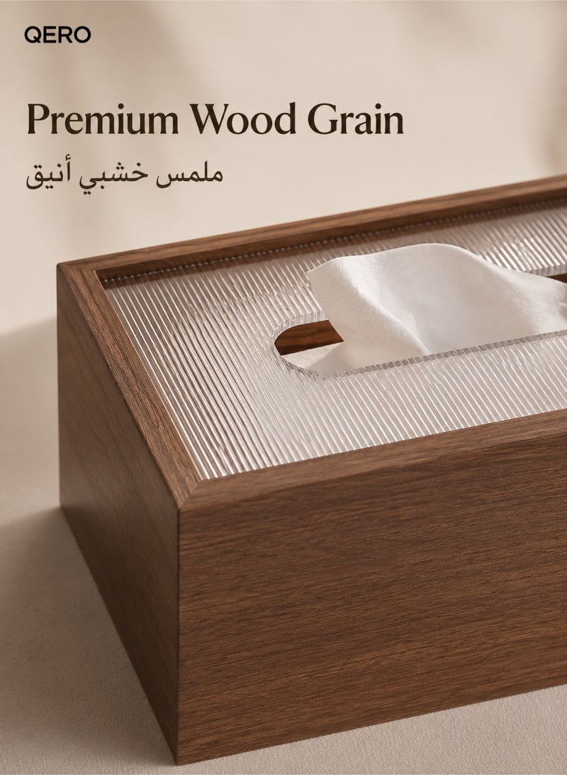 QERO Wood Grain Tissue Box Cover, Rectangular Decorative Tissue Holder with Ribbed Acrylic Top, Facial Tissue Dispenser for Living Room, Bedroom, Office Desk, Brown - Image 4