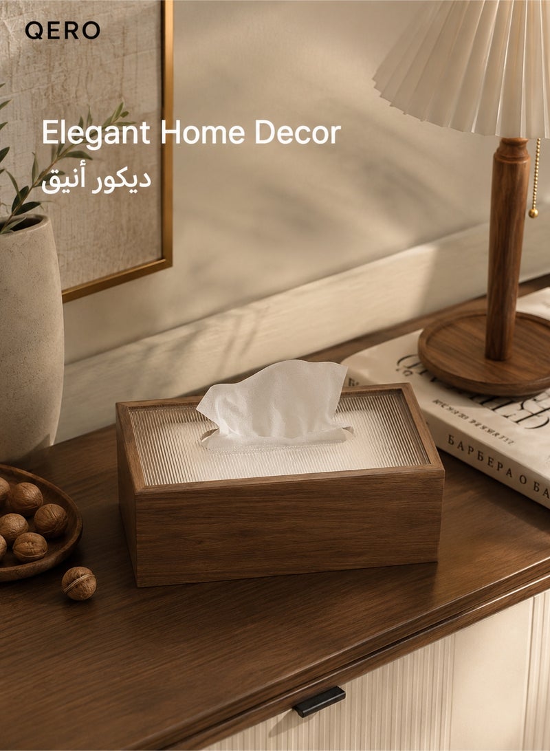 QERO Wood Grain Tissue Box Cover, Rectangular Decorative Tissue Holder with Ribbed Acrylic Top, Facial Tissue Dispenser for Living Room, Bedroom, Office Desk, Brown - Image 2