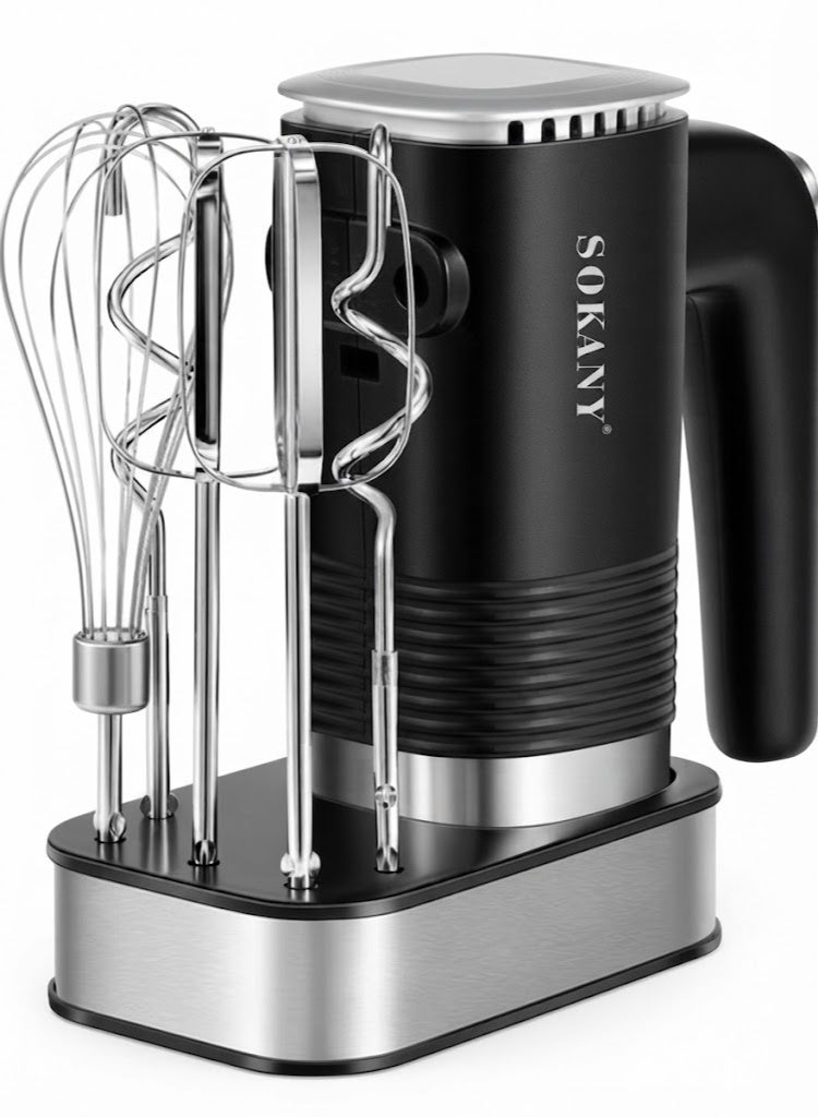 سوكاني SOKANY SK-02001 800 واط 3 في 1 مضرب يدوي كهربائي من الفولاذ المقاوم للصدأ 5 سرعات مع زر إخراج، خلاط يدوي مع خطافين للعجين، 2 مضارب ومقعد من الفولاذ المقاوم للصدأ - Image 1