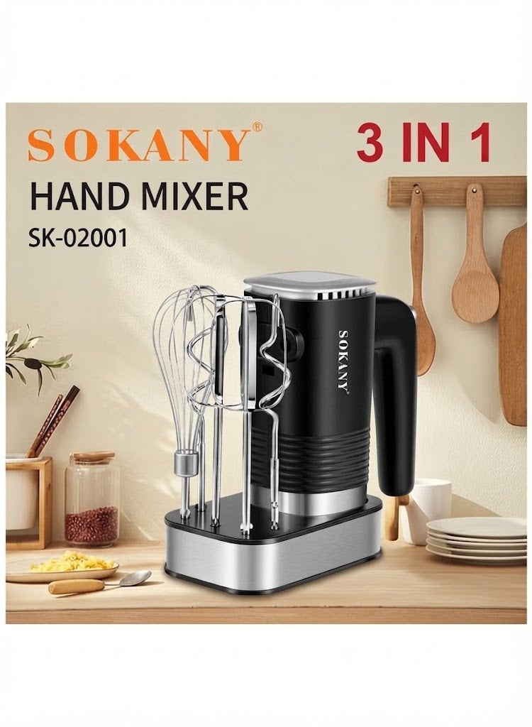 سوكاني SOKANY SK-02001 800 واط 3 في 1 مضرب يدوي كهربائي من الفولاذ المقاوم للصدأ 5 سرعات مع زر إخراج، خلاط يدوي مع خطافين للعجين، 2 مضارب ومقعد من الفولاذ المقاوم للصدأ - Image 2