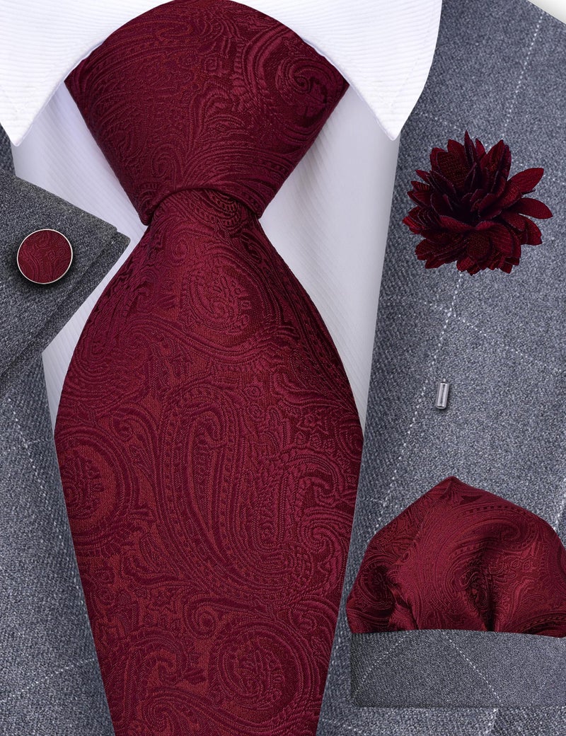 GUSLESON Burgundy Tie Mens Paisley Wedding Necktie Pocket Square Cufflinks and Lapel Pin Brooch Set (IN6103-01) - Image 2