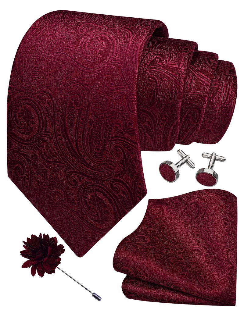 GUSLESON Burgundy Tie Mens Paisley Wedding Necktie Pocket Square Cufflinks and Lapel Pin Brooch Set (IN6103-01) - Image 1