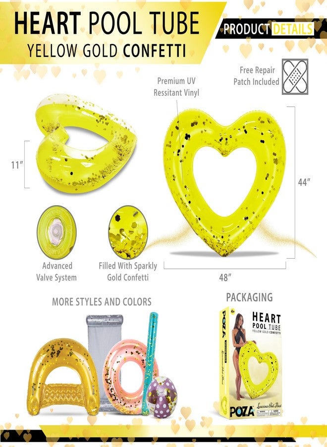 POZA Yellow Gold Inflatable Heart Pool Float - Sparkly Confetti-Filled Heart Shaped Pool Tube, Inflatable Lounger for Beach or Lake, Fun Swimming Float for Kids and Adults - 48 Inches - Image 3