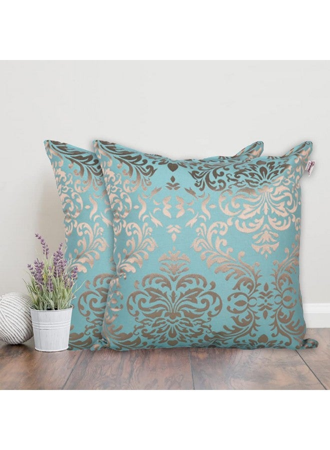 Home - The Best is for You Designer Self Design Cotton 275 TC Cushion Covers | Pack of 2 (Turquoise_Damask, 16X16 Inch) - Image 1