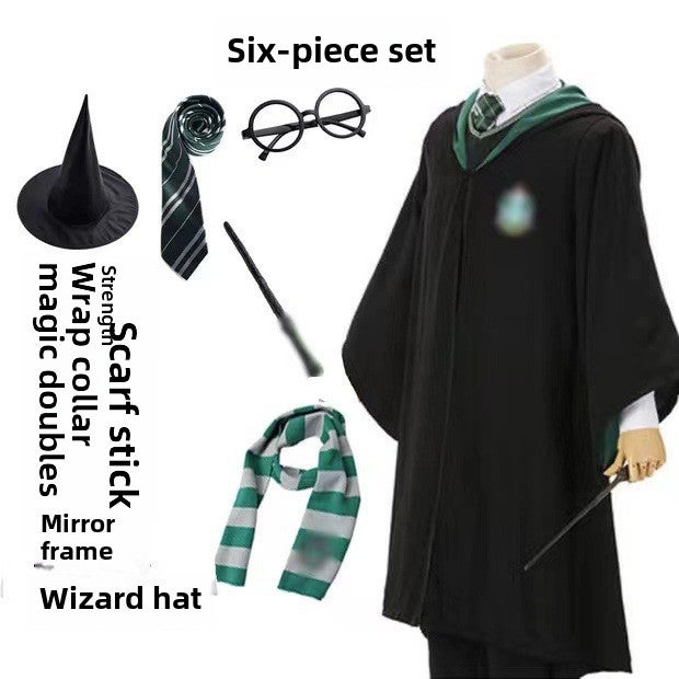 Harry Potter Style Cosplay Robe for Adults and Kids Green six-piece set [cloak tie small scarf glasses frame non-luminous magic wand Magic Hat 