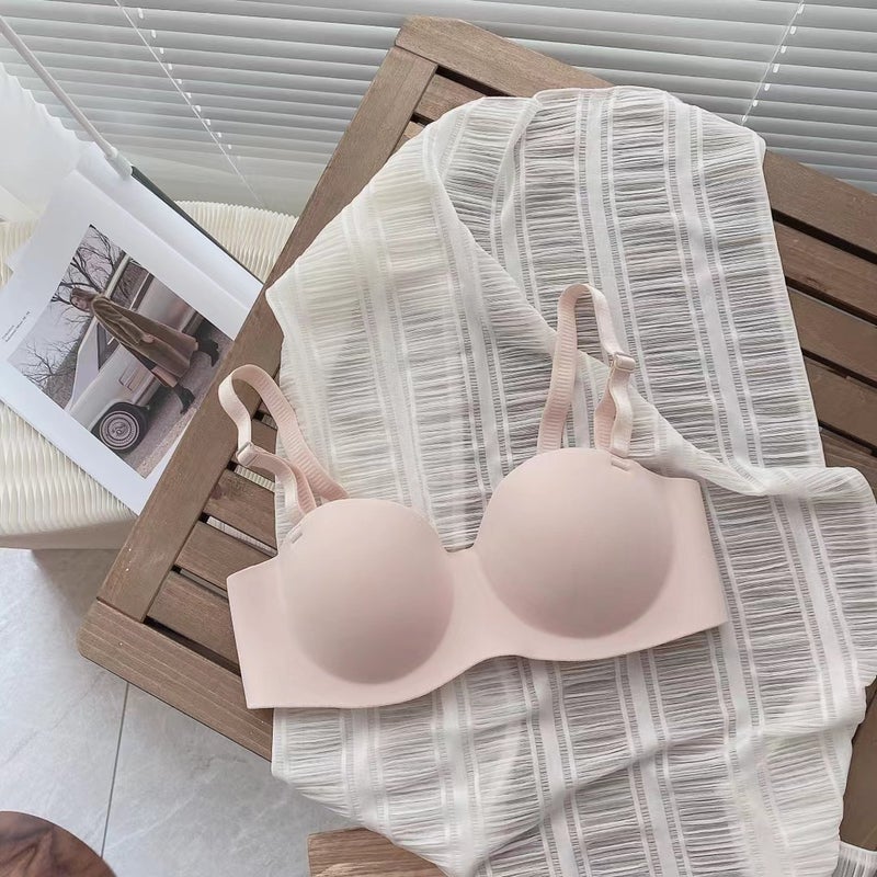 Japanese style fashionable simple glossy one-piece seamless half cup underwear without steel ring small chest push up top support girl bra Light pink one-piece