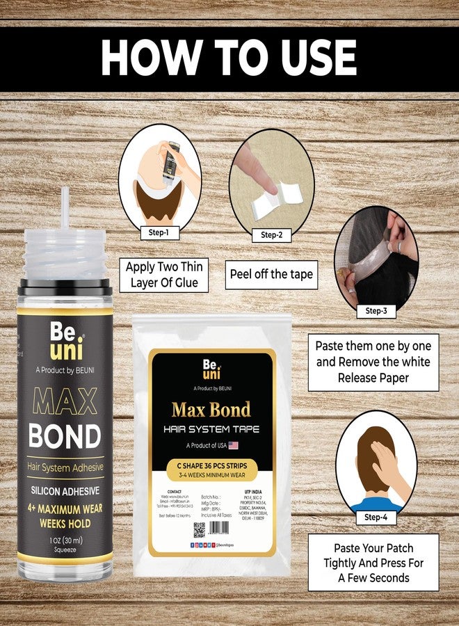 Beuni Max Bond Wig Glue | Hair Replacement Adhesive | Hair Ultra Hold Glue | (Pack of 1 (30 ML)) & Max Bond Hair Adhesive Ultra Hold Wig Patch Waterproof Tape (Max Bond Tape-36pcs Stripes) - Combo - Image 2