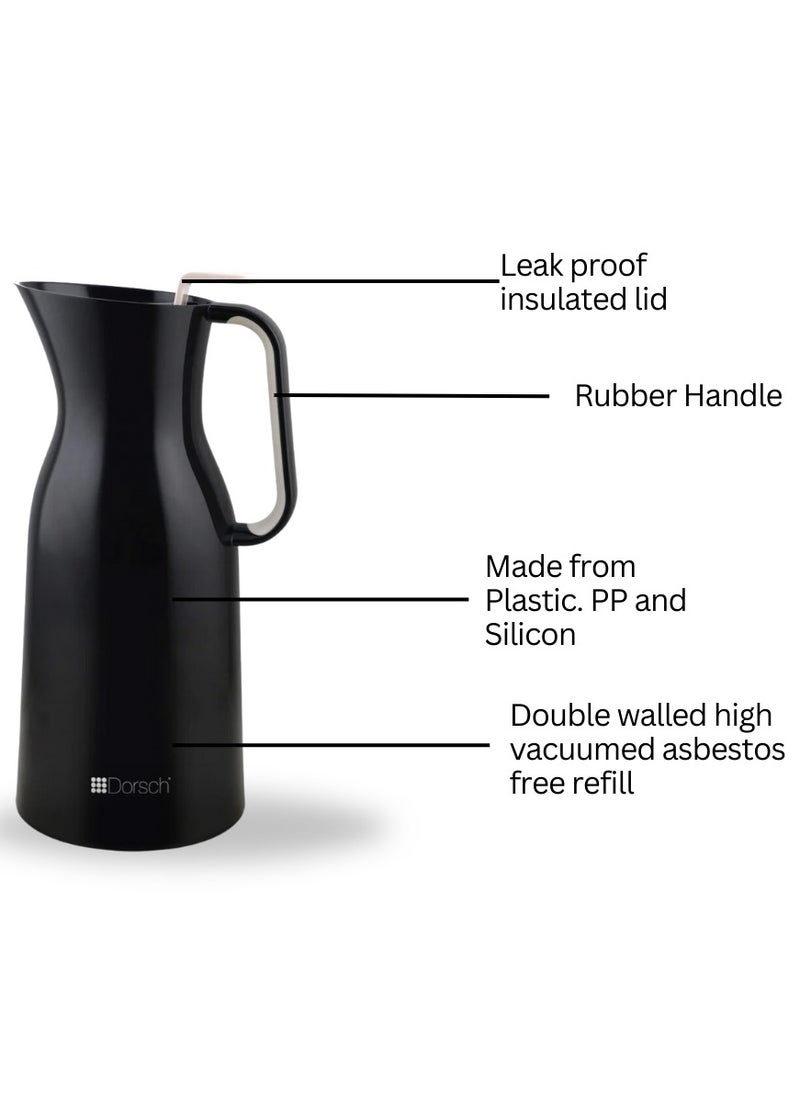 Dorsch Danish Design Vacuum Jug - 1L Premium Double-Walled Glass Liner, BPA-Free, Insulated Rubber Handle, Leakproof Lid - Ergonomic, Sleek Design - Keeps Hot for 12 Hours & Cold for 24 Hours - Perfect for Tea, Coffee, Water (Black)  - Image 4