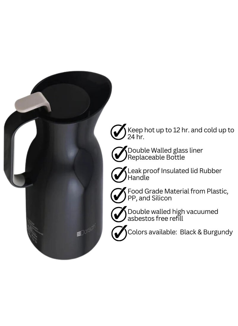 Dorsch Danish Design Vacuum Jug - 1L Premium Double-Walled Glass Liner, BPA-Free, Insulated Rubber Handle, Leakproof Lid - Ergonomic, Sleek Design - Keeps Hot for 12 Hours & Cold for 24 Hours - Perfect for Tea, Coffee, Water (Black)  - Image 2