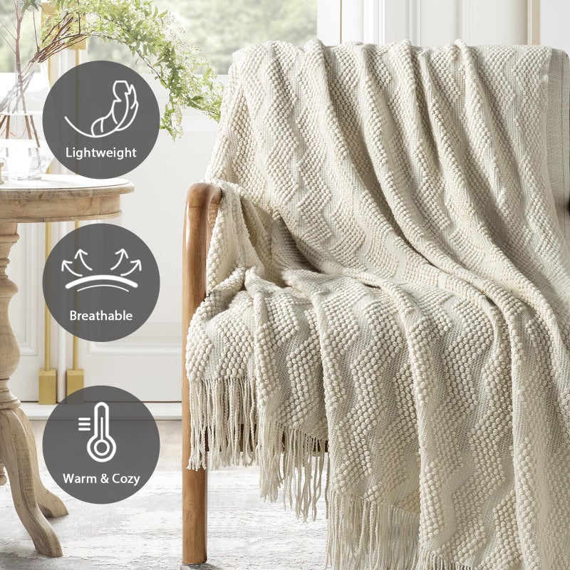 BOURINA Beige Throw Blanket 50x60 Inches Throw Textured Solid Soft Ripple Throws and Blankets for Sofa or Bed Knitted Decorative Bla - Image 3