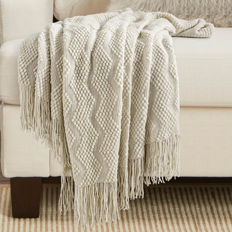 BOURINA Beige Throw Blanket 50x60 Inches Throw Textured Solid Soft Ripple Throws and Blankets for Sofa or Bed Knitted Decorative Bla - Image 5