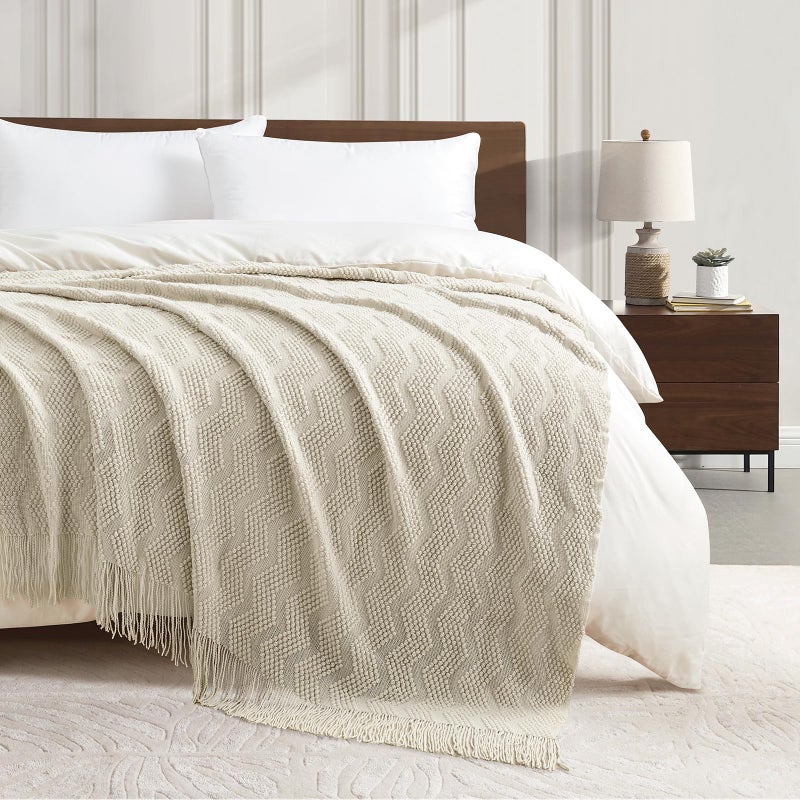 BOURINA Beige Throw Blanket 50x60 Inches Throw Textured Solid Soft Ripple Throws and Blankets for Sofa or Bed Knitted Decorative Bla - Image 4