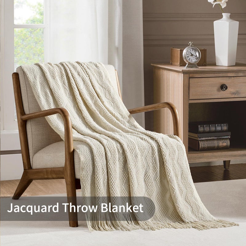 BOURINA Beige Throw Blanket 50x60 Inches Throw Textured Solid Soft Ripple Throws and Blankets for Sofa or Bed Knitted Decorative Bla - Image 2