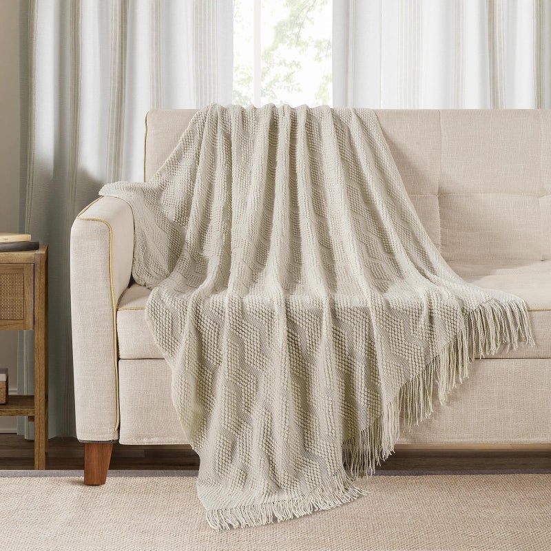 BOURINA Beige Throw Blanket 50x60 Inches Throw Textured Solid Soft Ripple Throws and Blankets for Sofa or Bed Knitted Decorative Bla - Image 1