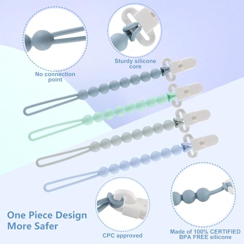 Slotic 4-Pack Silicone Pacifier Clips with One-Piece Beads for Baby Boys and Girls - Flexible and Rust-Free Holders for Teething Relief and Baby Essentials, Safe for Newborns (Blue) - Image 3