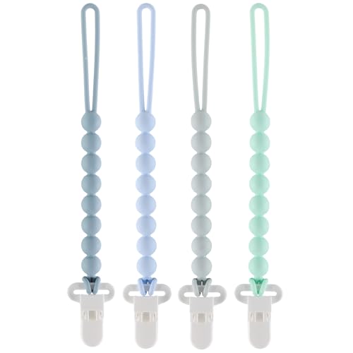 Slotic 4-Pack Silicone Pacifier Clips with One-Piece Beads for Baby Boys and Girls - Flexible and Rust-Free Holders for Teething Relief and Baby Essentials, Safe for Newborns (Blue) - Image 1