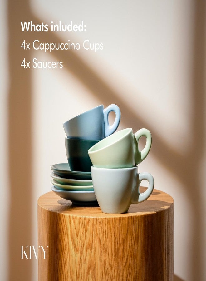 KIVY Cappuccino cups set of 4 [8oz] - Thick-walled stoneware cappuccino cup set for latte art - Cappuccino coffee cups - Tazas de cafe - Latte cups - Latte art cup and saucer set of 4 - Green, Blue - Image 5