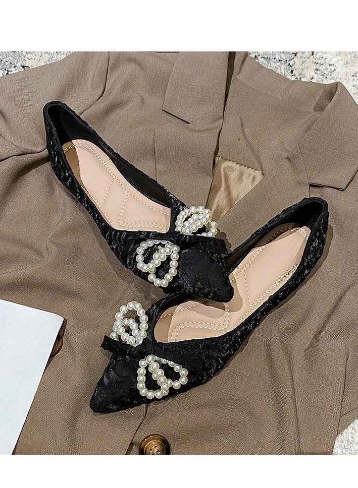 Temperament Pearl Bow Flat Shoes - Image 1