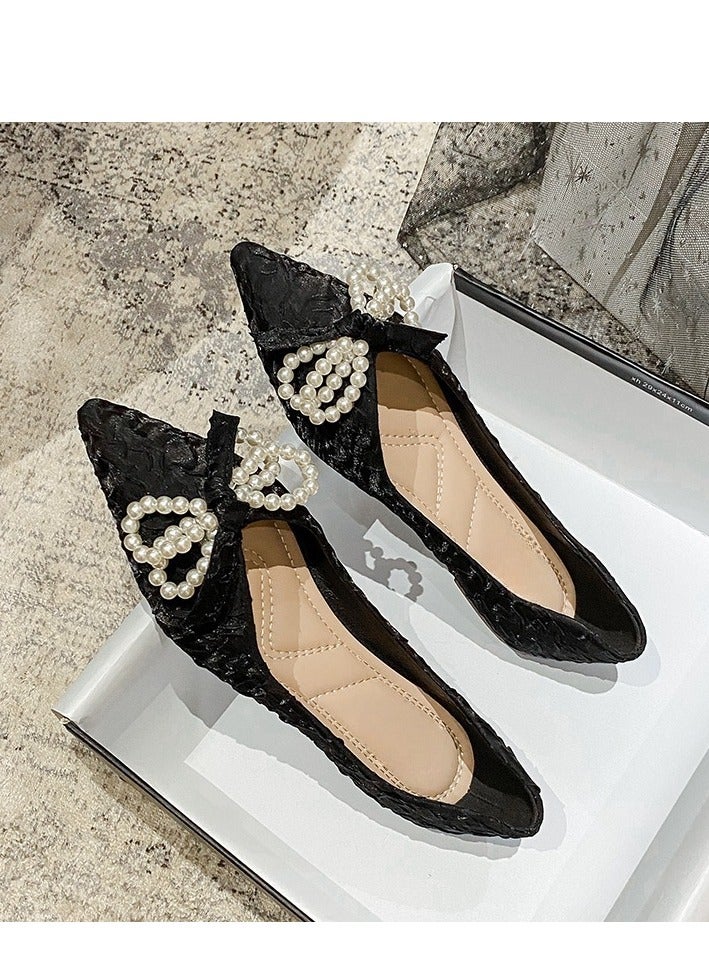 Temperament Pearl Bow Flat Shoes - Image 2