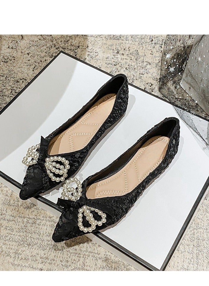 Temperament Pearl Bow Flat Shoes - Image 3