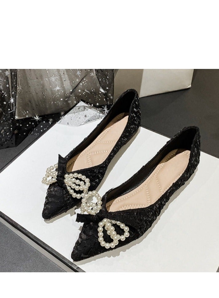 Temperament Pearl Bow Flat Shoes - Image 5