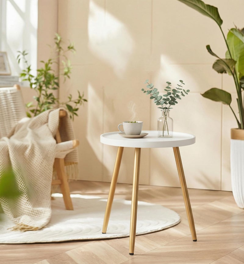 danpinera Small Round Side Table, Mini White Table with Wooden Tray & Metal Legged, Gold Side Table for Small Space, Living Room, Bedroom, Nursery, 14.96" D x 14.96" W x 17.52" H, White & Gold - Image 2