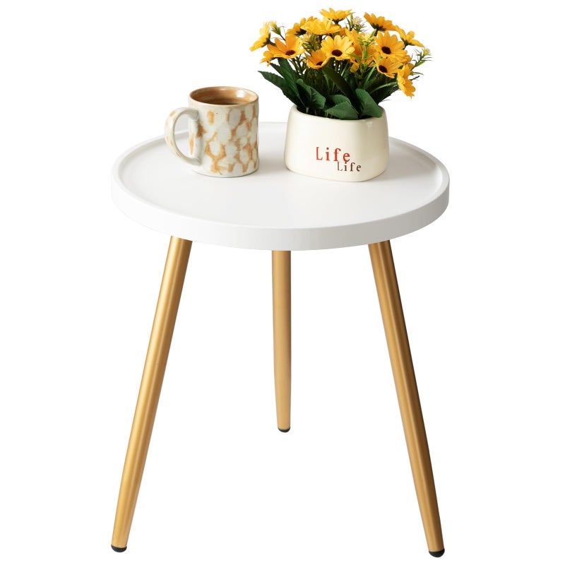danpinera Small Round Side Table, Mini White Table with Wooden Tray & Metal Legged, Gold Side Table for Small Space, Living Room, Bedroom, Nursery, 14.96" D x 14.96" W x 17.52" H, White & Gold - Image 1