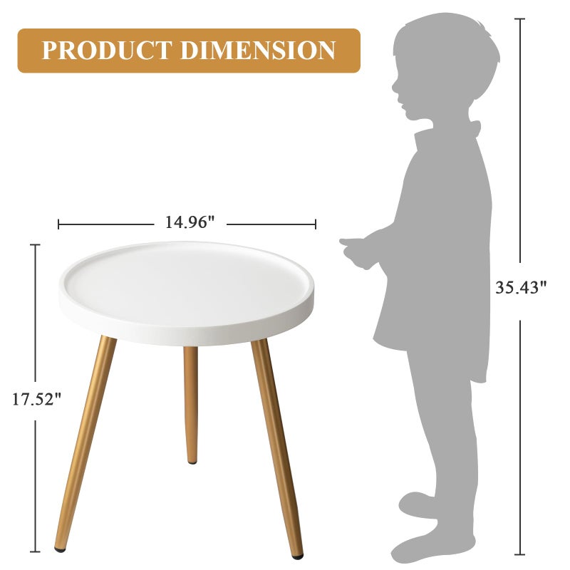 danpinera Small Round Side Table, Mini White Table with Wooden Tray & Metal Legged, Gold Side Table for Small Space, Living Room, Bedroom, Nursery, 14.96" D x 14.96" W x 17.52" H, White & Gold - Image 4
