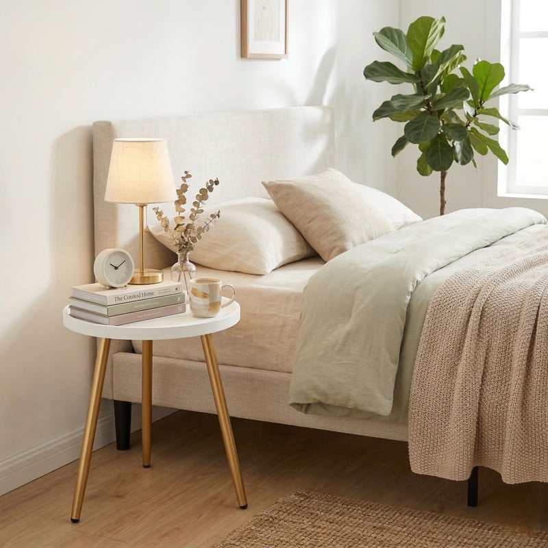 danpinera Small Round Side Table, Mini White Table with Wooden Tray & Metal Legged, Gold Side Table for Small Space, Living Room, Bedroom, Nursery, 14.96" D x 14.96" W x 17.52" H, White & Gold - Image 5