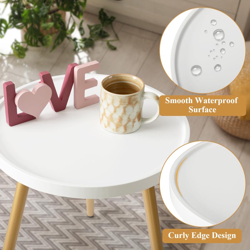 danpinera Small Round Side Table, Mini White Table with Wooden Tray & Metal Legged, Gold Side Table for Small Space, Living Room, Bedroom, Nursery, 14.96" D x 14.96" W x 17.52" H, White & Gold - Image 3