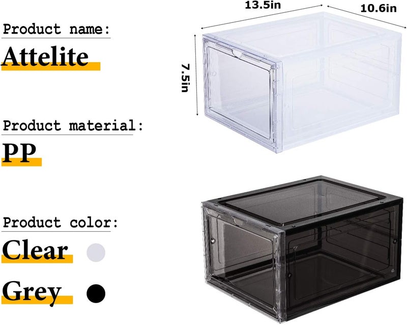 Attelite Shoe Box Organizer,Set of 6,Stackable Plastic Shoe Box with Clear Door, Shoe Storage Box Containers,For Display Sneakers,Easy Assembly,Fit up to US Size 12(13.4”x 10.6”x 7.4”) - Image 2