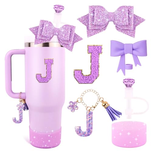 Lingdeer Purple Cup Accessories Set for Stanley 30OZ & 40OZ Tumbler with Handle, Letter Charms, Bow & Diamond Straw Covers, Glitter Silicone Boot, Personalized Sticker for Stanley Cup Accessories (J) - Image 1