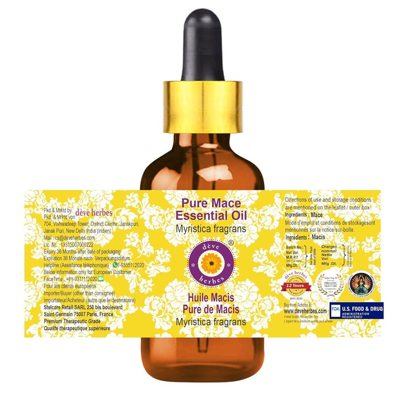 Deve Herbes Deve Herbes Mace Essential Oil Myristica fragrans with Glass Dropper Pure NonSticky Nongreasy Lightweight Men Women All Skin Types Steam Distilled 100ml  - Image 3