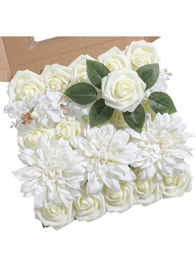 DUNISO Artificial Flower Combination Box Set, Gradient Color Flowers And Leaves With Stems, Suitable For DIY Wedding Bouquets, Centerpieces, Baby Showers, Home Decorations(White) - Image 1