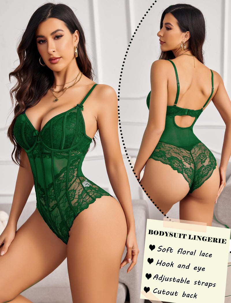 Avidlove Womens Lingerie Lace Bodysuit Deep V Neck Bodysuits Sexy Lace Top Plus Size Lingerie Underwire Green L - Image 4