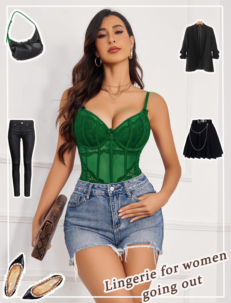 Avidlove Womens Lingerie Lace Bodysuit Deep V Neck Bodysuits Sexy Lace Top Plus Size Lingerie Underwire Green L - Image 2