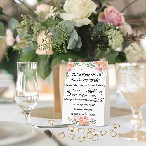 Woanger Put a Ring on It Bridal Shower Game with 50 Fake Rings, Rustic Greenery Theme Wedding Shower Games Wedding and Engagement Rings and Not Say Bride Rules Cards(Bright Flowers,Gold) - Image 3