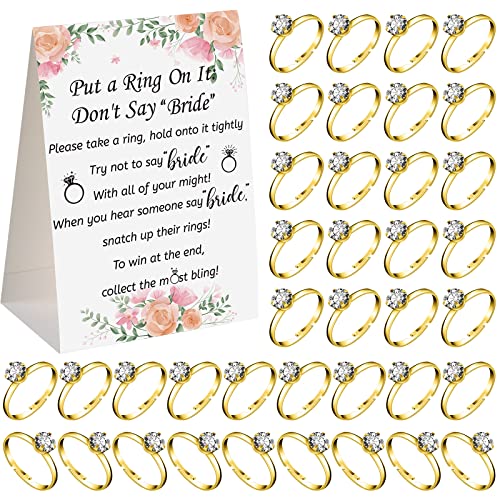 Woanger Put a Ring on It Bridal Shower Game with 50 Fake Rings, Rustic Greenery Theme Wedding Shower Games Wedding and Engagement Rings and Not Say Bride Rules Cards(Bright Flowers,Gold) - Image 1