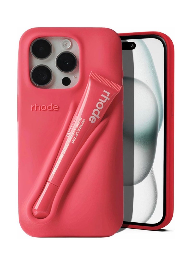 رود حافظة هاتف ملمع للشفاه مع لون شفاه، حافظة هاتف iPhone من السيليكون السائل لحماية الكاميرا، أحمر شفاه ملمع للشفاه، حافظة هاتف لهاتف iPhone 15 Pro Max (توت) - Image 1